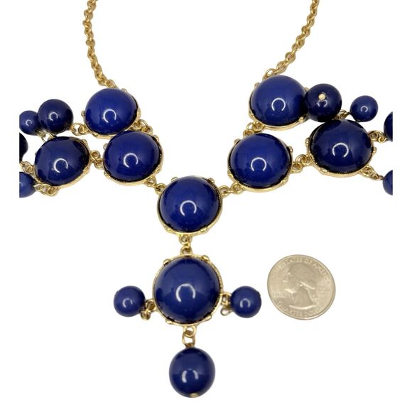 Navy Blue Cabochon Chandelier Statement Necklace 22” Bubbles Runway Gold Tone - Picture 13 of 16